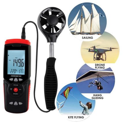 Benetech Handheld Anemometer for Wind Speed and Temperature Use digital meter with external vane sensor, shown with sailing, drone, hang gliding and kite flying scenarios