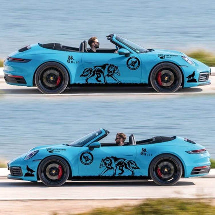 Wolf Totem Pattern Car Decorative Stickers, Set of 2 Pieces - blue convertible with black wolf totem decals on car sides, durable BK material