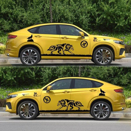 Wolf Totem Pattern Car Decorative Stickers, Set of 2 Pieces showing bold black wolf design on yellow SUV side panels, durable BK material