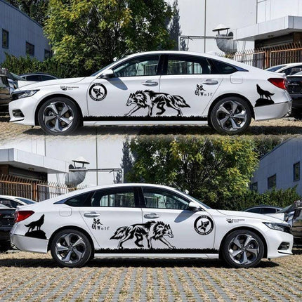 Wolf Totem Pattern Car Decorative Stickers, Set of 2 Pieces - black wolf totem vehicle side decals on white sedan for bold exterior personalization