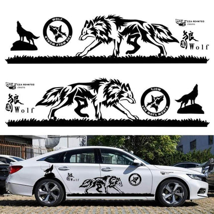 Wolf Totem Pattern Car Decorative Stickers, Set of 2 Pieces - black wolf totem car decal set shown applied on white sedan sides