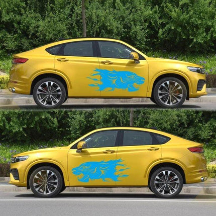 Set of 2 Lion Pattern Car Decorative Stickers for Vehicles - blue lion PVC decals on yellow SUV, 100x40cm each
