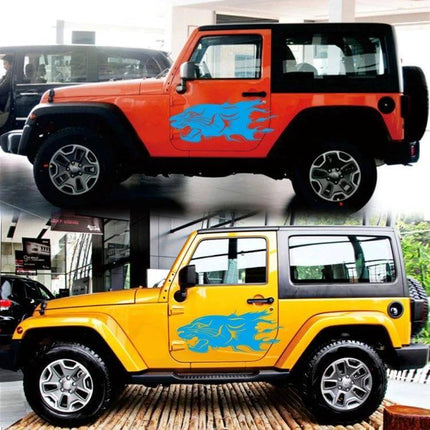 Set of 2 Lion Pattern Car Decorative Stickers for Vehicles on orange and yellow SUVs, blue lion decal PVC 100x40cm each