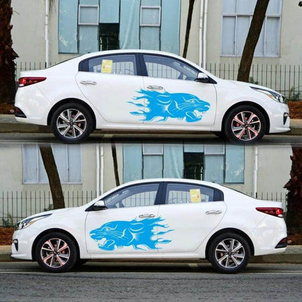 Set of 2 Lion Pattern Car Decorative Stickers for Vehicles on white sedan, blue flaming lion PVC decals 100x40cm each
