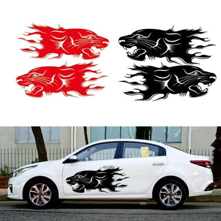 Set of 2 Lion Pattern Car Decorative Stickers for Vehicles – black and red flaming lion decals on white sedan (100x40cm each)