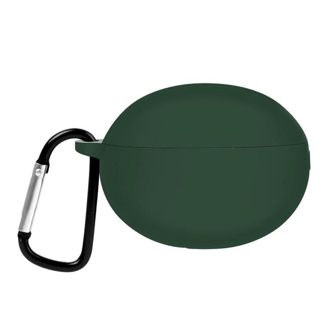 Protective Silicone Case for Huawei Earbuds in Daily Use — dark green silicone cover with carabiner for 360-degree protection