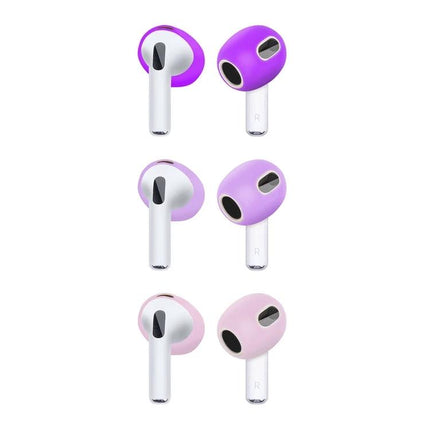 Silicone Earmuffs for Everyday Earphone Protection During Activities - purple and pink silicone covers on wireless earbuds, snug fit to prevent slips