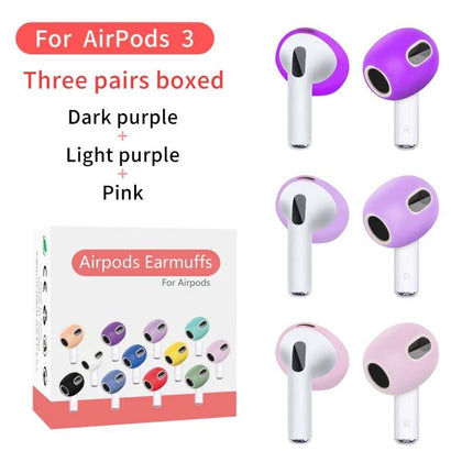 Silicone Earmuffs for Everyday Earphone Protection During Activities – three-pair AirPods 3 silicone earmuffs in dark purple, light purple, and pink