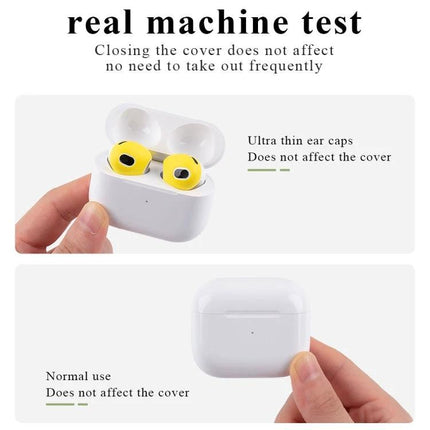 Silicone Earmuffs for Everyday Earphone Protection During Activities - yellow silicone ear caps on true wireless earbuds in charging case