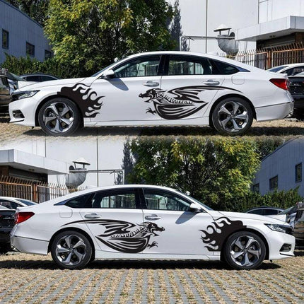 Fire-Breathing Dragon Pattern Car Decorative Sticker Set applied on white sedan side showing black dragon and flame vinyl decals