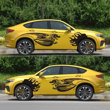 Fire-Breathing Dragon Pattern Car Decorative Sticker Set applied to yellow SUV side showing bold black dragon and flame vinyl decal