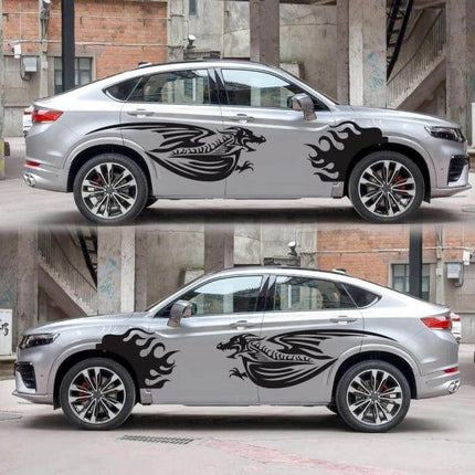 Fire-Breathing Dragon Pattern Car Decorative Sticker Set applied on silver SUV showing bold black dragon and flame side decals
