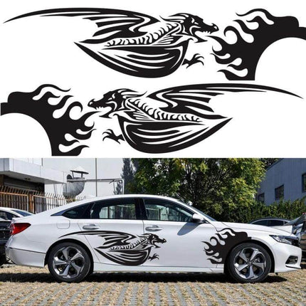 Fire-Breathing Dragon Pattern Car Decorative Sticker Set - black vinyl dragon flame decal on white sedan for bold exterior customization