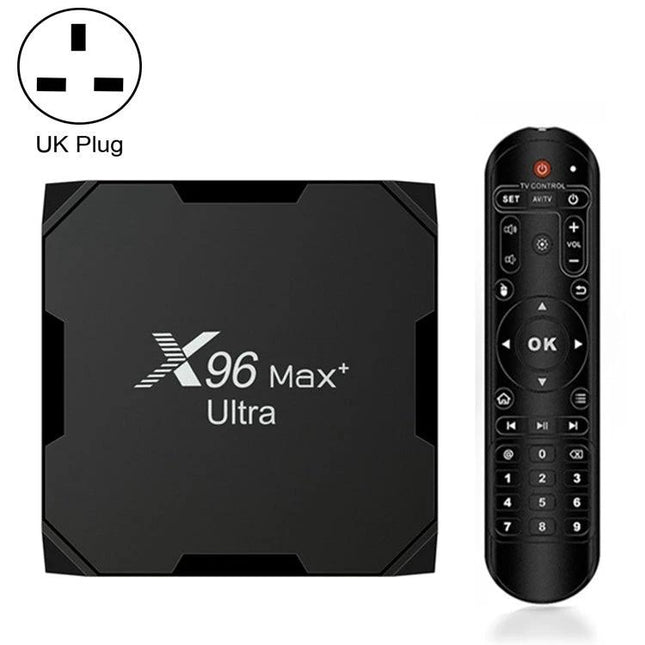 H96 Max+ Ultra Android 11 Smart TV Box with 4GB RAM black TV box and remote control, compact streaming device with UK plug