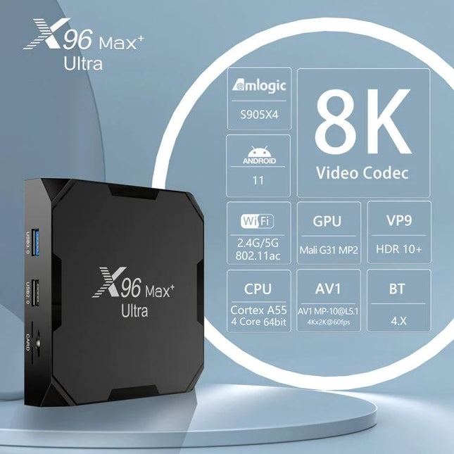 H96 Max+ Ultra Android 11 Smart TV Box with 4GB RAM compact black TV box displaying 8K video codec and Amlogic S905X4 branding