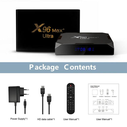 Android Smart TV Box for Everyday Media Streaming X96 Max Ultra box with HDMI cable, power supply and remote in package contents