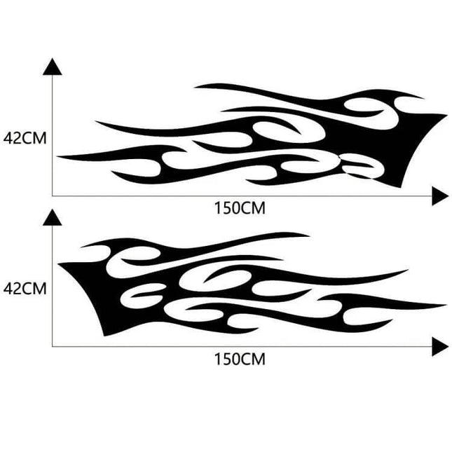 Flame Pattern Decorative Car Stickers, Two-Piece Set - black PVC flame decals 150x42cm for sides or hood, easy apply vehicle personalization