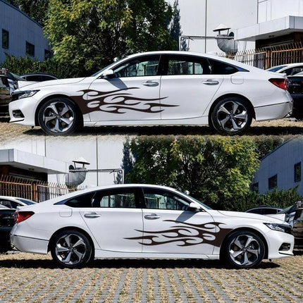Flame Pattern Decorative Car Stickers, Two-Piece Set applied on white sedan sides for bold vehicle exterior customization