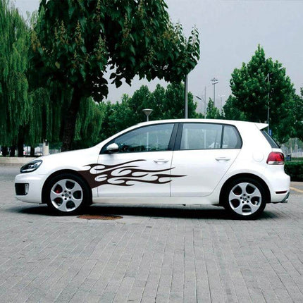 Flame Pattern Decorative Car Stickers, Two-Piece Set applied to white hatchback showing brown flame decals along side for vehicle personalization