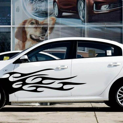 Flame Pattern Decorative Car Stickers, Two-Piece Set applied on white sedan side showing black PVC flame decals for easy vehicle personalization