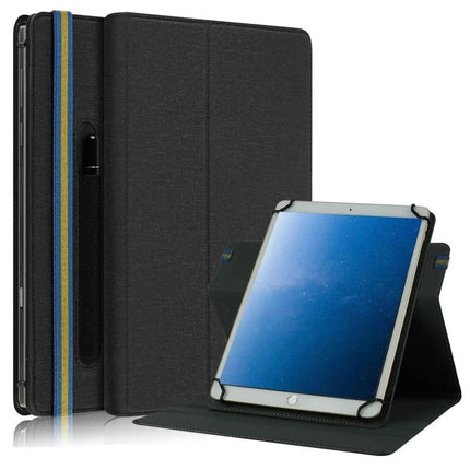 Universal Leather Case for 10-Inch Tablets with Flip Design and Pen Slot - black protective folio with stand and elastic pen slot