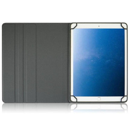 Universal Leather Case for 10-Inch Tablets with Flip Design and Pen Slot - black leather folio with corner straps and magnetic cover