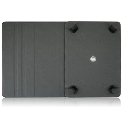 Universal Leather Case for 10-Inch Tablets with Flip Design and Pen Slot - black open view with corner straps and foldable stand