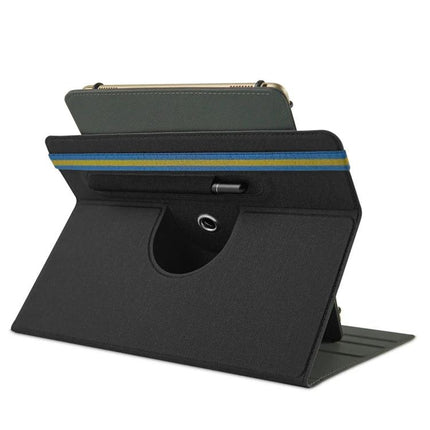 Universal Leather Case for 10-Inch Tablets with Flip Design and Pen Slot shown standing with pen in slot and elastic strap