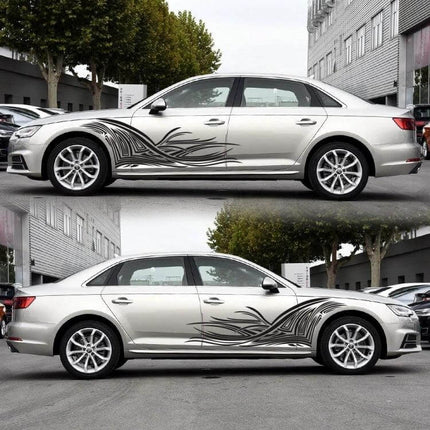Decorative Lines Pattern Car Stickers Set, 2 Pieces - sleek black flowing line decals applied to silver sedan doors and sides