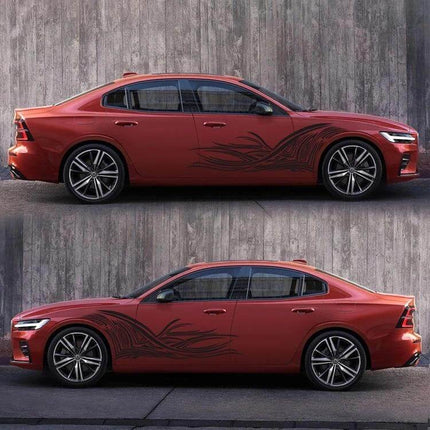 Decorative Lines Pattern Car Stickers Set, 2 Pieces on red sedan side showing sleek adhesive decorative lines for doors and fenders