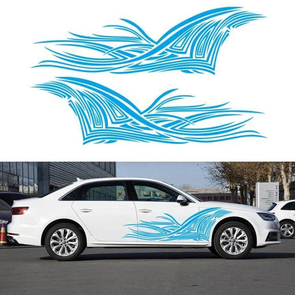 Decorative Lines Pattern Car Stickers Set, 2 Pieces - blue flowing vinyl decals applied to white sedan sides