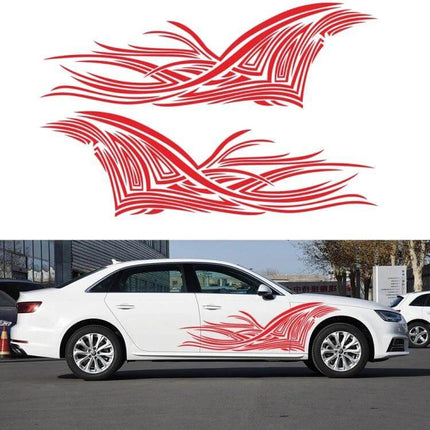 Decorative Lines Pattern Car Stickers Set, 2 Pieces - red tribal lines decal shown on white sedan door and side panels