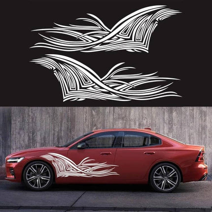 Decorative Lines Pattern Car Stickers Set, 2 Pieces - white tribal-style side decals shown on red sedan for doors and fenders