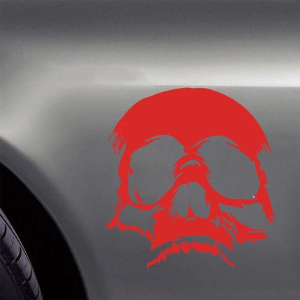 Decorative Evil Skull Pattern Sticker for Car Exteriors - red PET skull decal on silver car hood, durable fade-resistant adhesive for easy application