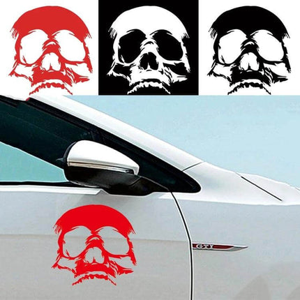 Decorative Evil Skull Pattern Sticker for Car Exteriors on white car door, red skull decal made of durable PET for easy application and removal