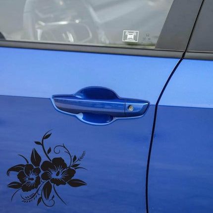 Flowers Bloom Pattern Decorative Car Sticker for Vehicles black floral decal on blue car door near handle, reflective removable vinyl