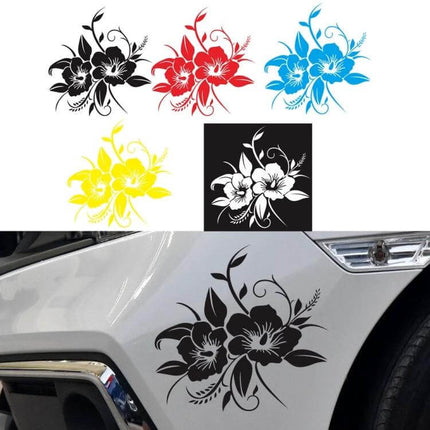 Flowers Bloom Pattern Decorative Car Sticker for Vehicles - reflective floral decal on white sedan near front bumper, removable, multiple color options