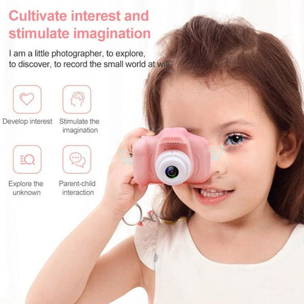 Children's Digital Camera for Kids' Photography and Games - pink compact kid holding camera, playful child taking a photo, family outings and creative play
