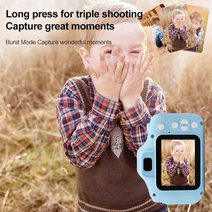 Children's Digital Camera for Kids' Photography and Games showing child bursting into laughter with camera screen and burst mode examples