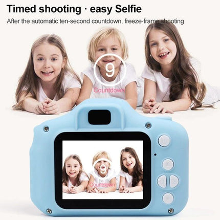 Children's Digital Camera for Kids' Photography and Games showing kids taking a timed selfie with countdown on a blue kid-friendly camera