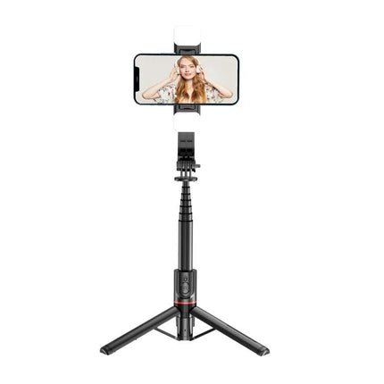 Extendable selfie stick for daily photos and videos on trips or at home with built-in lights, phone holder and tripod base for solo travel and family shots