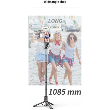 Extendable selfie stick for daily photos and videos on trips or at home – telescoping rod with built-in lights and tripod base capturing three friends