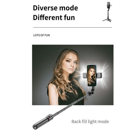 Extendable selfie stick for daily photos and videos on trips or at home with built-in lights showing back fill light mode and extended rod