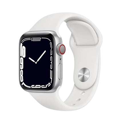 A Versatile Smart Watch for Everyday Activities and Connectivity shown in silver case with white sport band displaying simple watch face and activity features