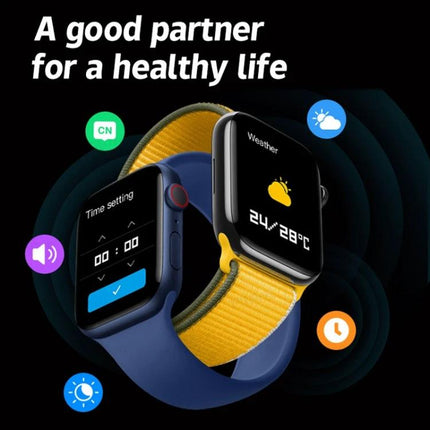 A Smart Watch for Everyday Fitness and Connectivity Tracking showing weather, time setting, heart rate and activity icons on dual-colored bands