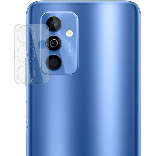 Imak Rear Camera Lens Tempered Glass Protector for Smartphones shown on blue phone shielding rear camera lenses