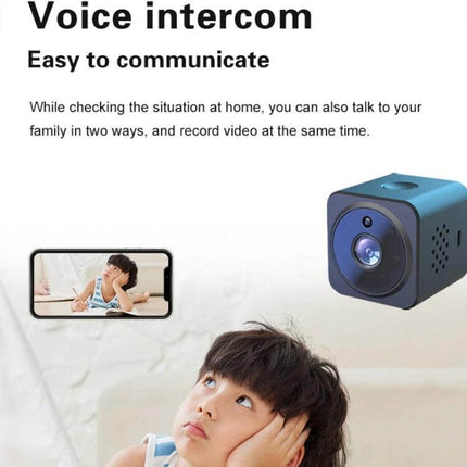Wireless Home Security Camera with Infrared Night Vision mounted in living room showing voice intercom app and child monitoring
