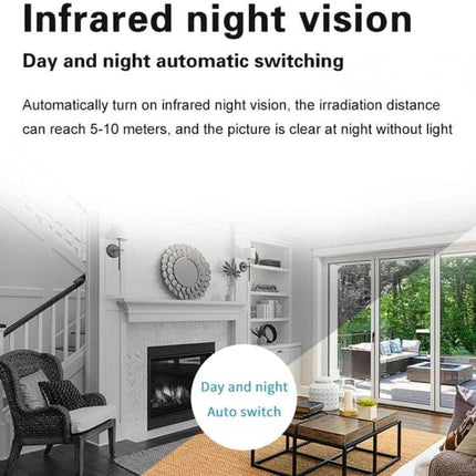 Wireless Home Security Camera with Infrared Night Vision monitoring a living room with day and night auto switch and clear low-light view
