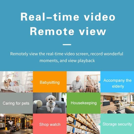 Wireless Home Security Camera with Infrared Night Vision showing real-time remote view use cases like babysitting, pet care, elderly monitoring, housekeeping, and storage security