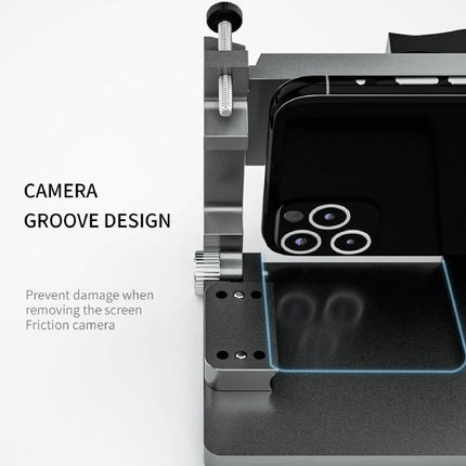 TBK Heat-Free Screen Disassembly Tool for Safe Repairs showing camera groove design aligning a smartphone for damage-free screen removal